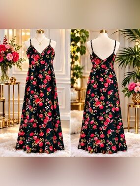 Floral Slip Dress in Dark Green with Pink Bloom Print